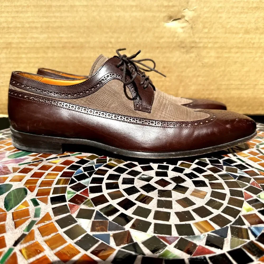 Mezlan Leather Suede Wingtip Derby Shoes Lace Up Pointed Two Tone Brown 8.5M